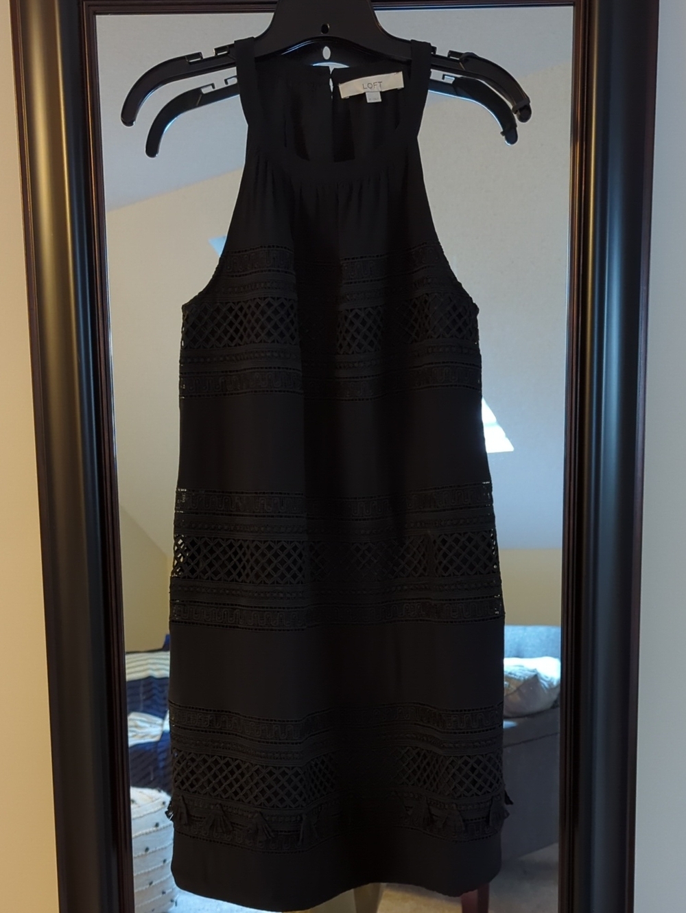 LOFT Black Crochet-Panel Sleeveless Shift Dress